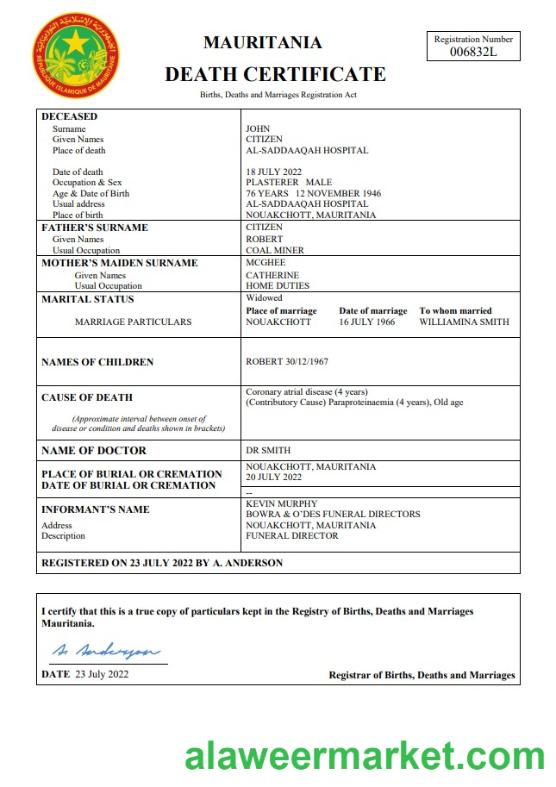Mauritania vital record death certificate Word and PDF template